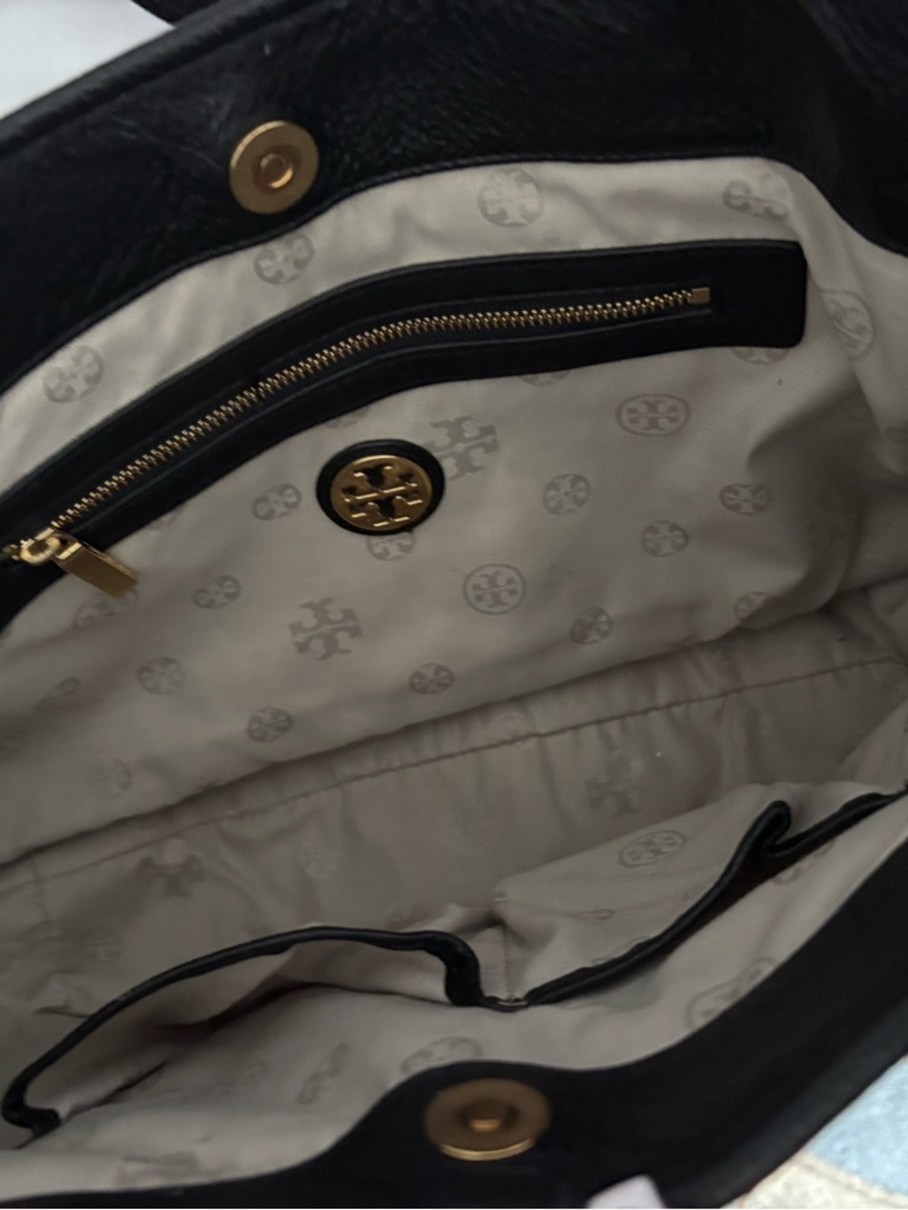 Tory Burch Black Leather Tote with Gold Logo Hardware - Picture 3 of 4